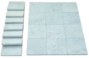 Original Green Sukabumi pool tiles and stacked tile samples on white