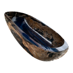 Black and brown petrified wood bathtub showing polished interior and natural grain, angled detail view