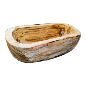Golden petrified wood bathtub with natural grain and polished interior, side view