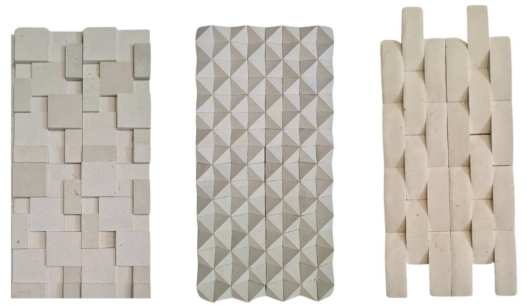 Original limestone wall cladding samples with block, geometric and rounded relief patterns