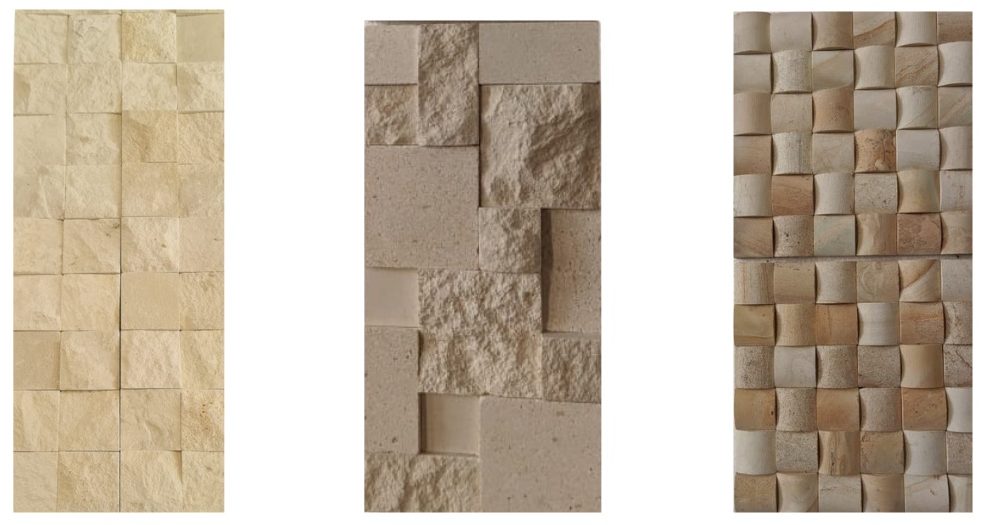Original warm-toned limestone cladding samples with three complete relief patterns