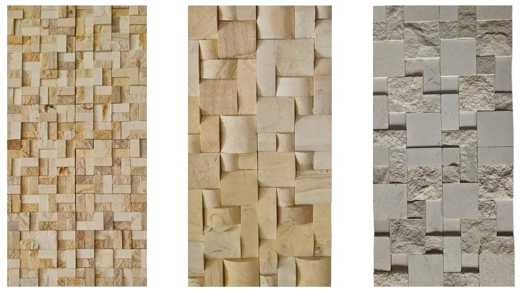 Original limestone cladding samples showing three natural relief patterns