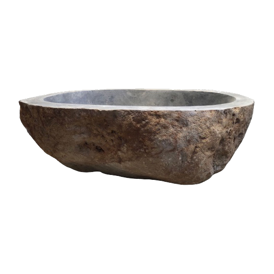 Complete river stone bathtub, natural exterior and polished oval interior