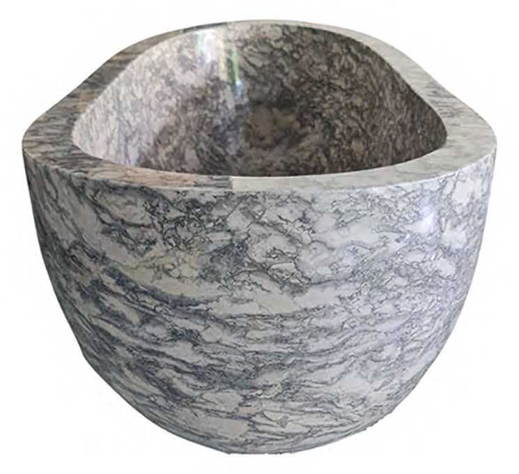 Front-facing grey and white marble bathtub