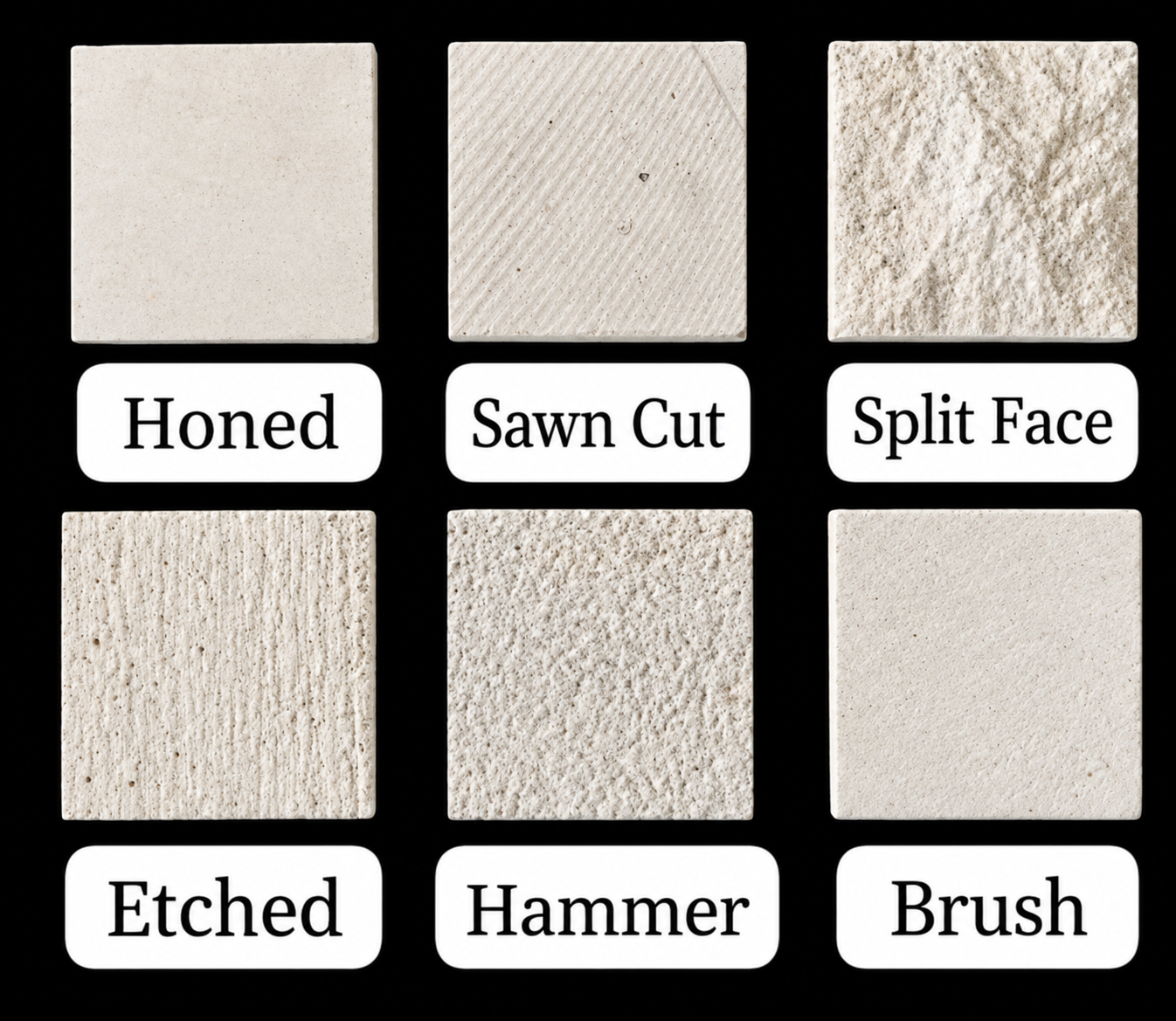 Limestone finishes: Honed, Sawn Cut, Split Face, Etched, Hammer and Brush