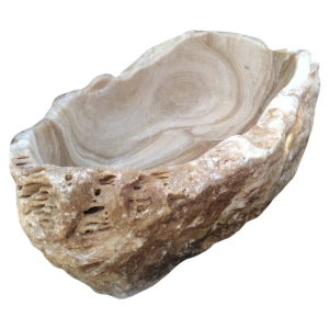 Natural-edge onyx bathtub with cream bands, polished interior and textured exterior